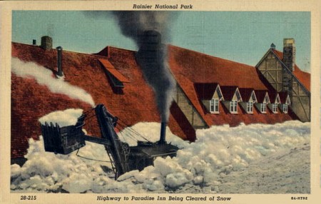 clearing snow vintage image at paradise inn